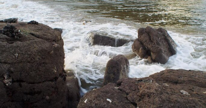 vague se brisant sur les rochers en bord de mer