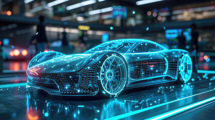 Blue hologram of a futuristic concept car in a modern facility.