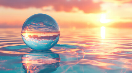 Obraz premium A crystal ball reflecting the vibrant sunset over a calm ocean.