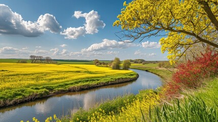 Under the blue sky and white clouds in spring, a winding river flows through the countryside, the fields on both sides of the river are full of yellow rapeseed flowers
