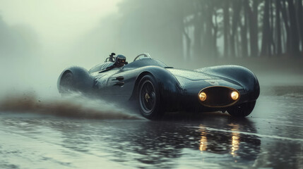 A classic racer speeding on a wet forest road.