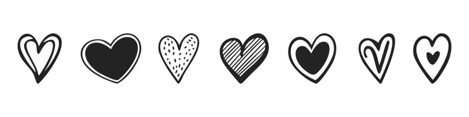 Set of hand drawn love heart valentines doodle sketch vectors