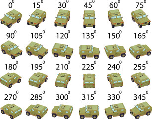 A set of 24 armored cars from different angles. Rotation of the military vehicle by 15 degrees for animation.   - obrazy, fototapety, plakaty