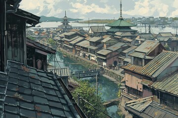 Fototapeta premium Scenic View of a Traditional Japanese Riverside Town