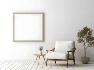 Living room with chair and blank white frame mockup on the wall