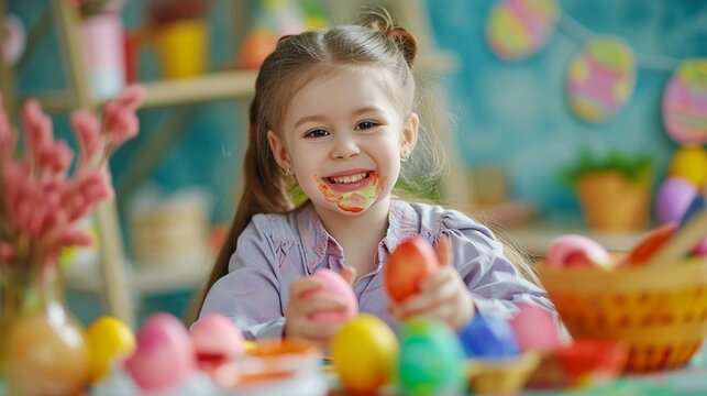 A joyful Easter scene with a cute and joyful girl participating in an egg painting activity, surrounded by colorful paints and creative decorations