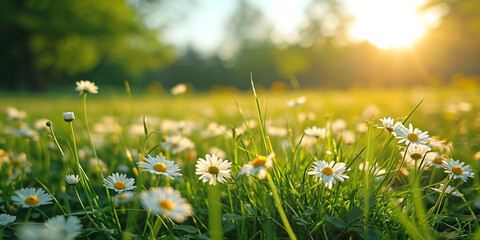 The blooming flowers are beautiful  the field of colors. Daisy field on a clear day Daisies come in white and yellow. and surrounded by green grass  surrounded by green nature and shining sun. - obrazy, fototapety, plakaty