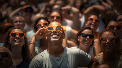 crowd of different people gathers in special sunglasses,looks at the solar eclipse and laughs,unique natural phenomenon - obrazy, fototapety, plakaty
