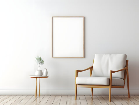 Living room with chair and blank white frame mockup on the wall