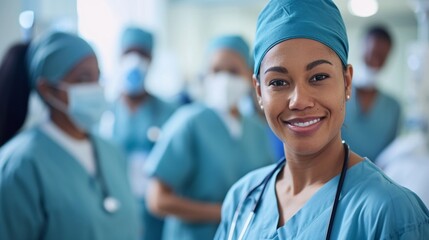 A group of healthcare workers in scrubs, caring for patients in a hospital, representing the compassion and tireless efforts of medical laborers on Labor Day.