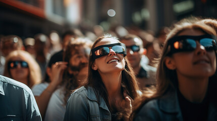 crowd of different people gathers in special sunglasses,looks at the solar eclipse and laughs,unique natural phenomenon - obrazy, fototapety, plakaty