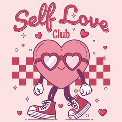 Groovy Self-Love Club: 70s-Inspired Vector Illustration with Trippy Grid Background, Trendy Heart Character, and Motivational Lettering in a Hippie 80s Flat Style Art