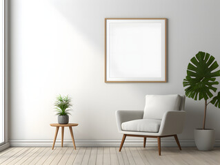 Living room with chair and blank white frame mockup on the wall