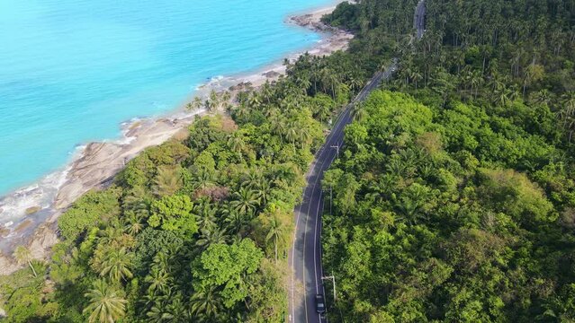 Aerial view of beautiful scenic coastal road in Khanom and Sichon, Nakhon Si Thammarat, Thailand.  Tropical summer scenery.