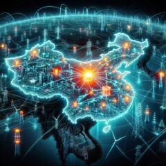 Fototapeta premium Witness brilliance: China's electrical map aglow, revealing dynamic energy exchanges between generation and load nodes.