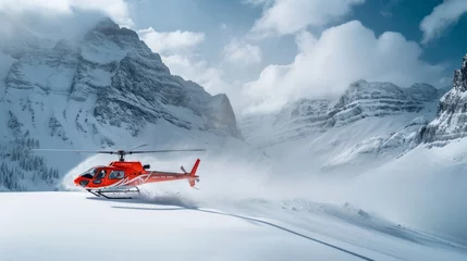 Poster Im Rahmen Heliski helicopter takes off in snow powder freeride landed on mountain. © PaulShlykov