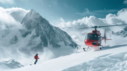 Fototapeta na wymiar Heliski helicopter takes off in snow powder freeride landed on mountain.