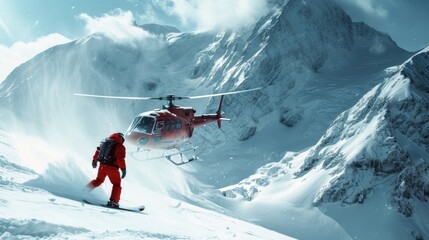 Heliski helicopter takes off in snow powder freeride landed on mountain. - obrazy, fototapety, plakaty