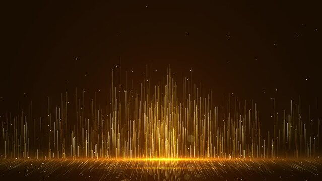 Abstract elegant golden glowing lines going up with glowing lighting effect, bokeh effect and floor reflection on black background. Golden dust sparkling and luxury particles raising. 