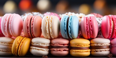 Colored macarons. Many delicious macarons on bokeh background. French dessert. Almond cookies with filling.