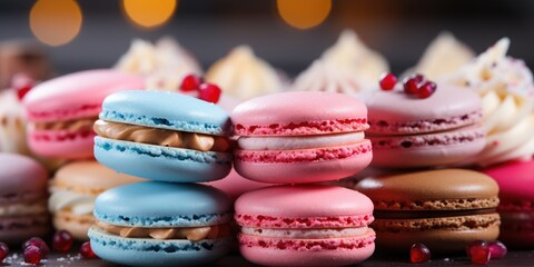 Fototapeta na wymiar Colored macarons. Many delicious macarons on bokeh background. French dessert. Almond cookies with filling.