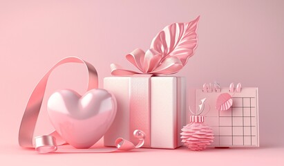 Pink Heart-Shaped Gift Box with Pink Leaf and Pink Christmas Tree Ornament Generative AI