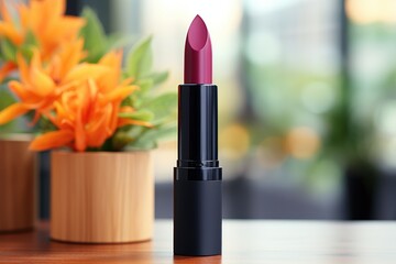 Pink lipstick on a green background. Presentation of lipstick in black case on the background of nature. Cherry natural lipstick. Lip balm. Cosmetic products. The sphere of beauty.