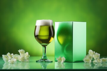 A glass of beer on a green background. Saint Patrick's Day. Gift box with bow on a green background. Clover for good luck.