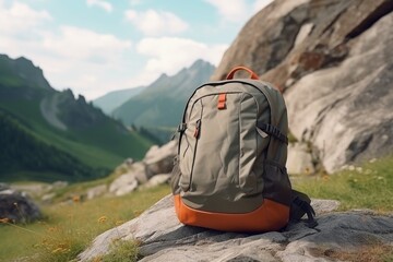 Stylish backpack on background of mountains. Tourist fabric gray backpack on large stones. Brown hipster backpack on a hiking trip. Travel.