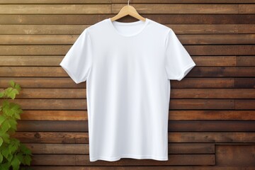 A white t-shirt on a hanger. Mockup of a white men's t-shirt on wooden background. Place for logo and emblem. Clothes.