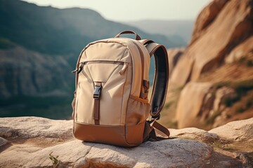 Stylish backpack on background of mountains. Tourist fabric gray backpack on large stones. Brown hipster backpack on a hiking trip. Travel. - obrazy, fototapety, plakaty