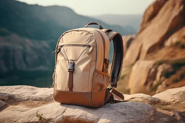 Foto op Plexiglas Stylish backpack on background of mountains. Tourist fabric gray backpack on large stones. Brown hipster backpack on a hiking trip. Travel. © chdenisz