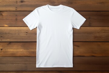 White T-shirt made of natural fabric. Mockup of white men's t-shirt on a wooden background. Place for logo and emblem. Clothes.