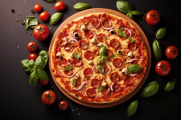 Delicious pizza top view. Pizza with salami, onions and olives on a dark background. Tomatoes and basil next to large pizza. Italian food.