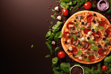 Delicious pizza top view. Pizza with salami, onions and olives on a dark background. Place for text. Tomatoes and basil next to large pizza. Italian food.