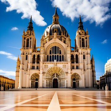 Architectural Marvel: Majestic Cathedral Under a Cloud-Adorned Blue Sky