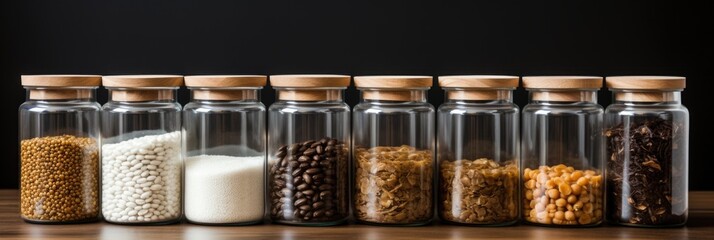 types of cereals in glass jars on a black background
