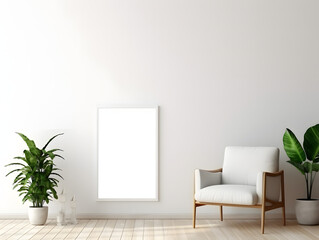 Living room with chair and blank white frame mockup on the wall
