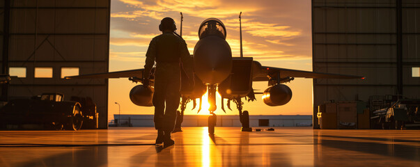 Sunset view of military fighter jet pilot beside parked military airforce plane