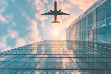 Fototapeta na wymiar Airplane flying above modern glass office building