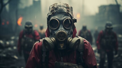 People in Gas Mask in the Post-Apocalyptic World. Banner with place for text - obrazy, fototapety, plakaty