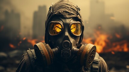 People in Gas Mask in the Post-Apocalyptic World. Banner with place for text