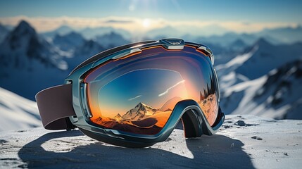 Ski Goggles in the Snow-Covered Mountain