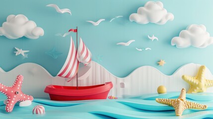3d render podium with sea concept for kids or baby product - obrazy, fototapety, plakaty