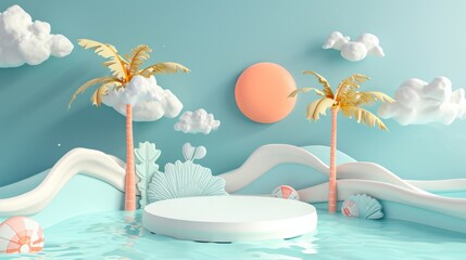3d render podium with sea concept for kids or baby product