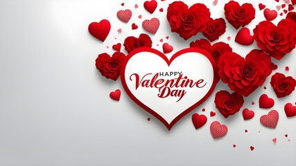 White background postcard with red hearts and red flowers, Valentine's Day concept.