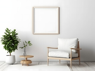 Living room with chair and blank white frame mockup on the wall