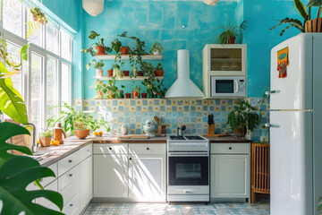 A bright and cheerful kitchen with a retro design. The room features a colorful tiled and vintage appliances. The walls are painted in bright blue color with many plants - obrazy, fototapety, plakaty