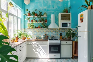 Fototapeten A bright and cheerful kitchen with a retro design. The room features a colorful tiled and vintage appliances. The walls are painted in bright blue color with many plants © Kien