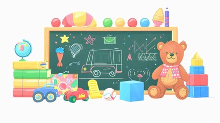 Chalkboard with childish drawings, kids toys, balls, teddy bear, cars, books, cubes and blocks for kindergarten. Composition of nursery items. Flat cartoon vector illustration isolated on white